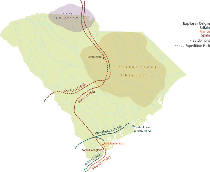 A map of South Carolina indicating exploration paths of early explorers from Britain, France, and Spain. Two shaded regions indicate chiefdoms.