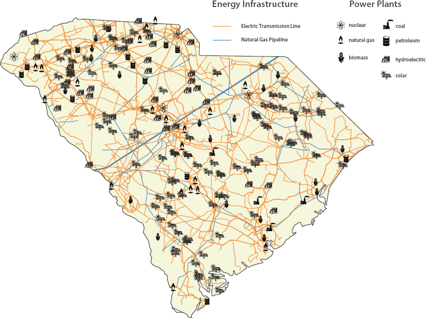 A map of South Carolina illustrating the state’s energy landscape.
