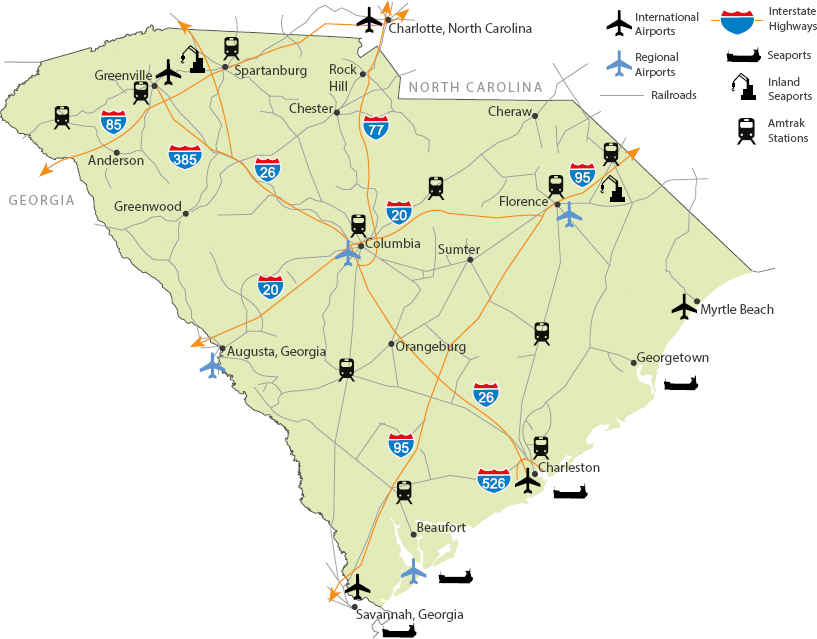 A map of South Carolina indicating various modes of transportation.