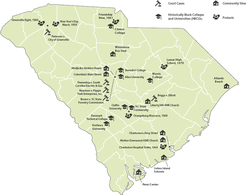 A map of South Carolina indicating important events from the Civil Rights Era.