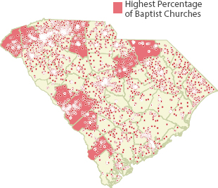 A map of South Carolina indicating the locations of Baptist churches.