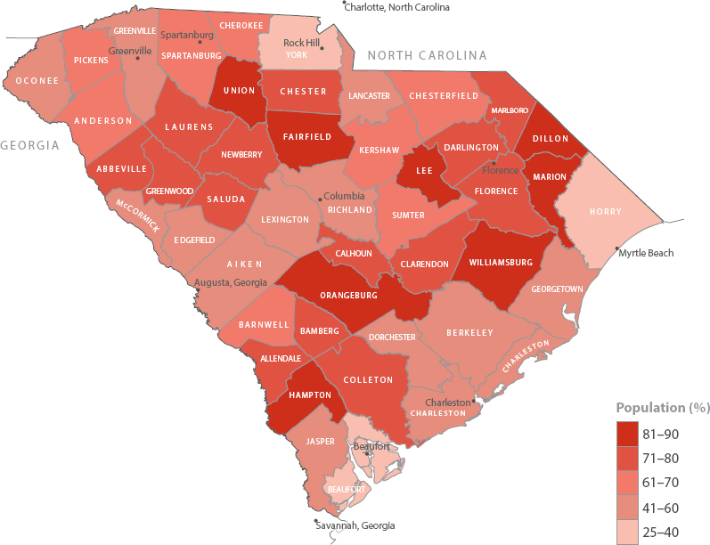 A map of South Carolina indicating percentages of population from 25 to 90.
