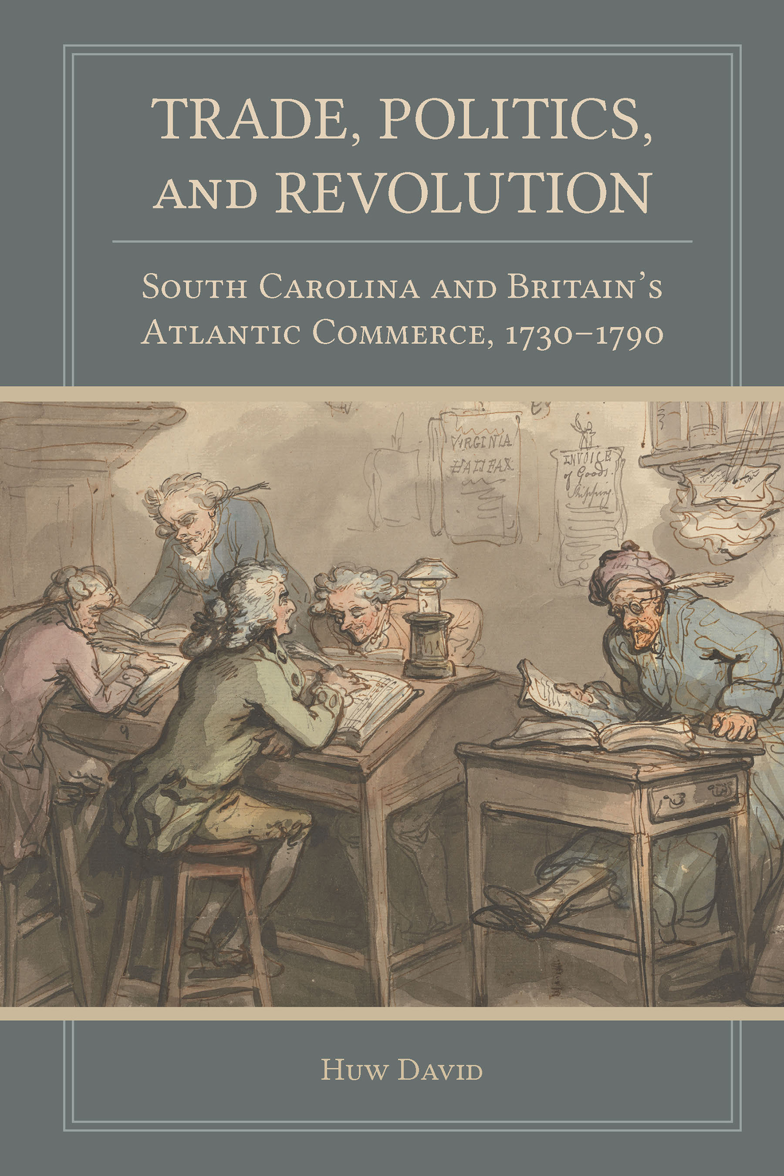 Five colonial men sit at writing desks on a blue-grey background. Light tan title and subtitle above and author name below.