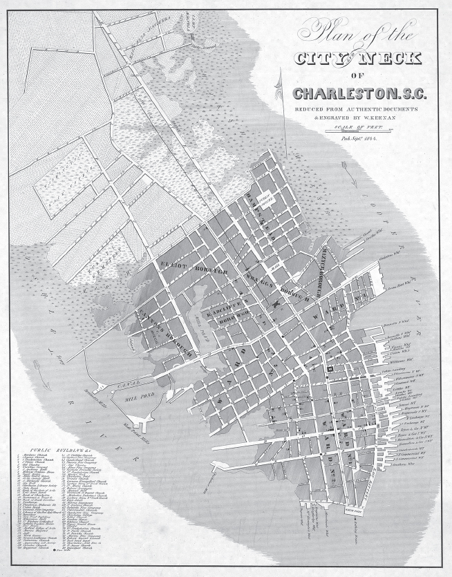 Street map of Charleston peninsula showing important buildings and infrastructure.