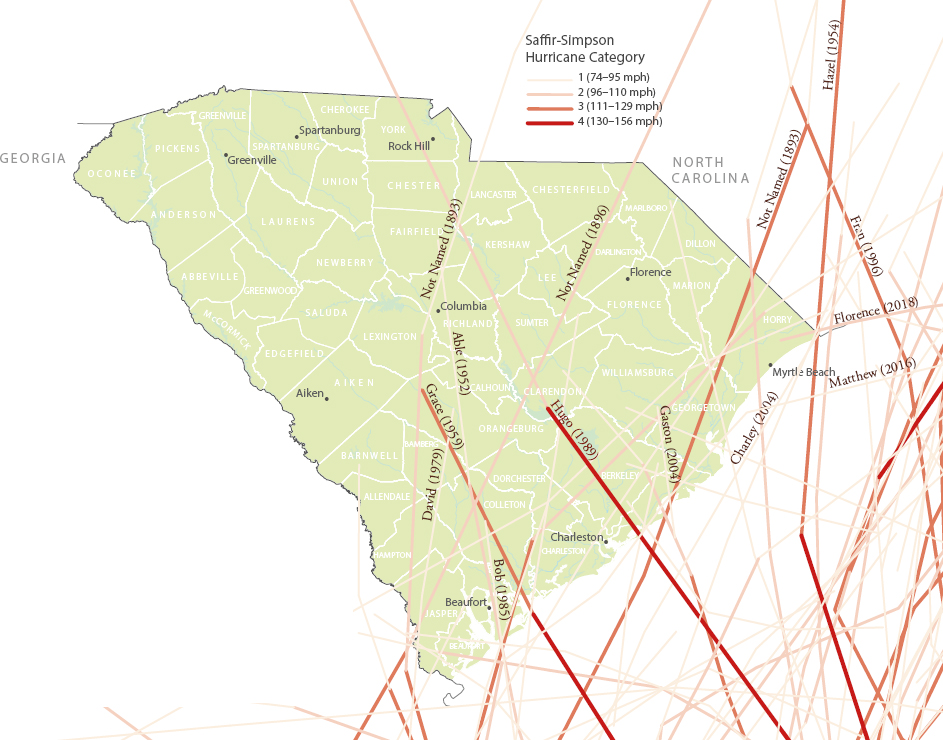 A map of South Carolina indicating hurricane paths and Saffir-Simpson hurricane categories.