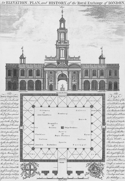 Illustrated architectural plans with a building at the top and a diagram of walks and place names for traders at the bottom.