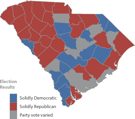 A map of South Carolina indicating election results as one of three categories: solidly Democratic, solidly Republican, or party vote varied.