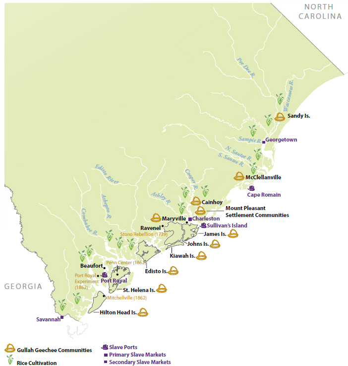 A close-up map of South Carolina’s coast indicating the location of Gullah Geechee communities, slave ports, and rice cultivation.