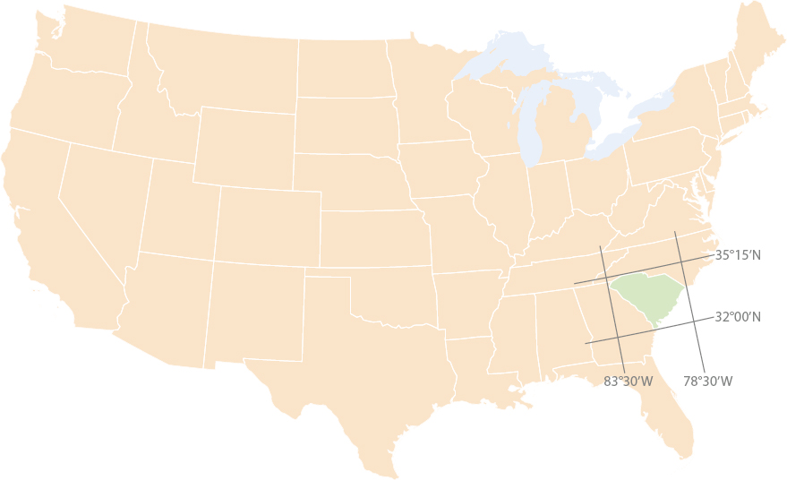 A map of the contiguous United States with South Carolina’s latitudinal and longitudinal coordinates.