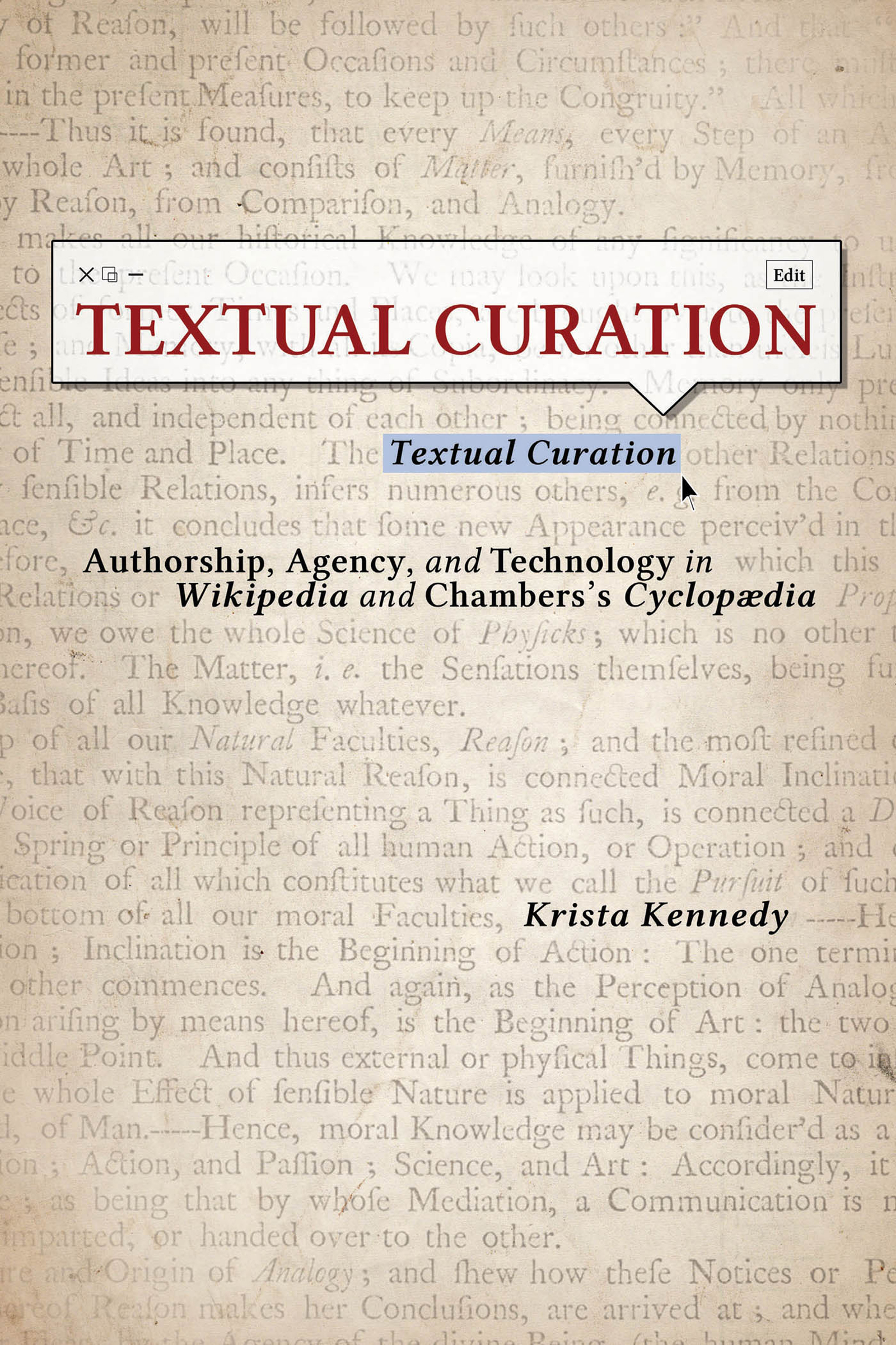 Red title on a white pop-up window of an editing interface. Black subtitle and author name on beige page of text.