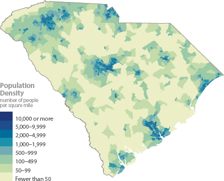 A map of South Carolina indicating the population density in number of people per square mile from fewer than 50 to 10,000 or more.