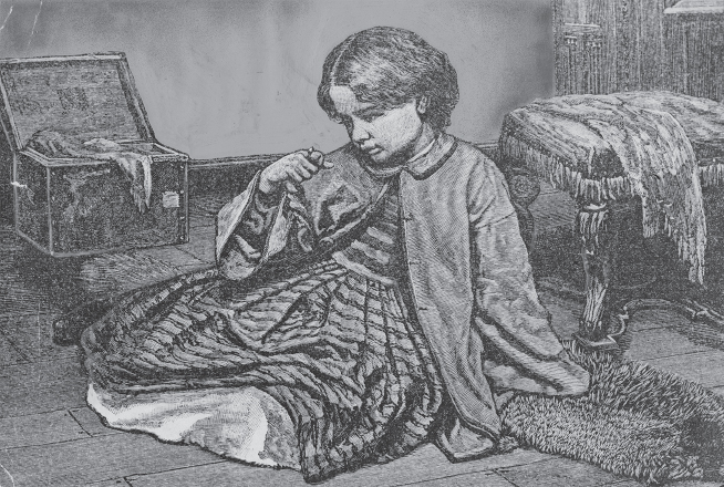 Child in a dress and coat sits on floor and looks at a ring on her finger.