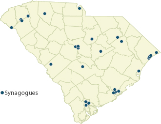 A map of South Carolina indicating the locations of Jewish synagogues.