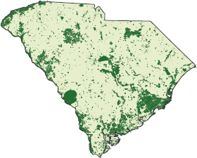 A map of South Carolina indicating land under conservation protection.