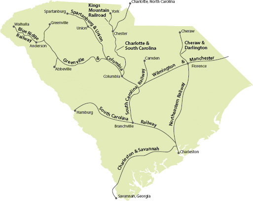 A map of South Carolina indicating railways circa 1860.