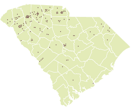 A map of South Carolina indicating textile-mill locations in 1908.