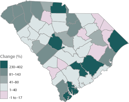 A map of South Carolina indicating the percentage of population change from -1 to 402.