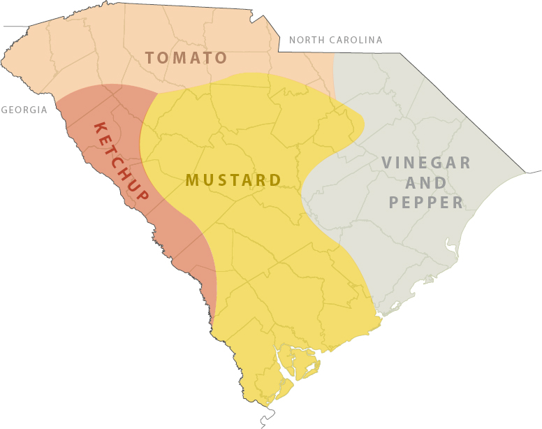 A map of South Carolina indicating the state’s barbecue sauce preferences by region.