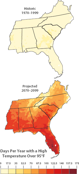 Maps of the Southeastern United States highlighting South Carolina. Top map shows historic temperatures in 1970–99. Bottom map shows projected temperatures for 2070–99.