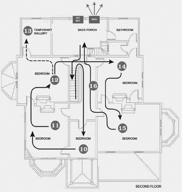 Arrows mark a path through three bedrooms, temporary gallery, two additional bedrooms, bathroom, and back porch.