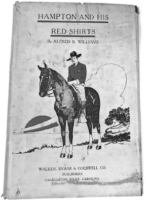 Jacket of Hampton and His Red Shirts by Alfred B. Williams. Line drawing of a cowboy on a black horse.