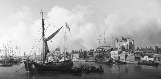 Painting of ships at harbor. Buildings and docks in the distance.