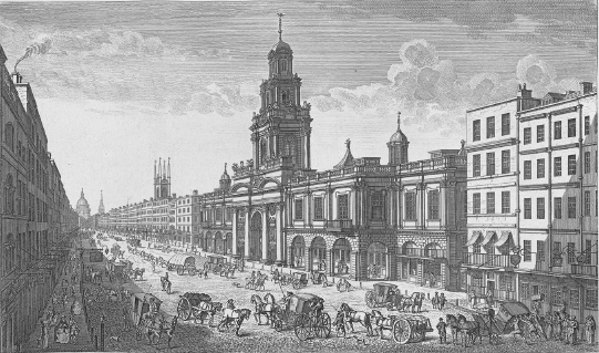 An engraving of a busy road of pedestrians and horse-drawn carriages with large buildings on either side.