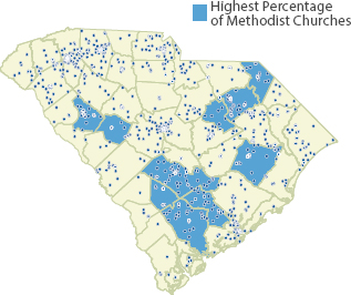A map of South Carolina indicating the locations of Methodist churches.