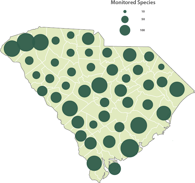 A map of South Carolina indicating monitored species, ranging from 10 to 100.