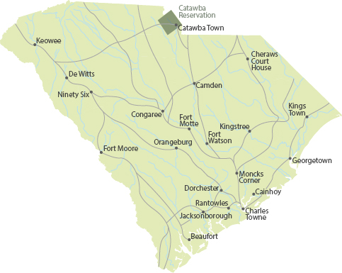 A map of South Carolina indicating colonial-era roads circa 1770 to1780.