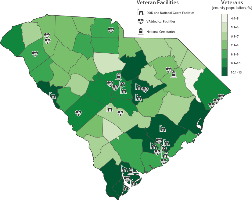 A map of South Carolina indicating the percentage of county population of veterans from 4.4 to 13 and locations of veteran facilities.