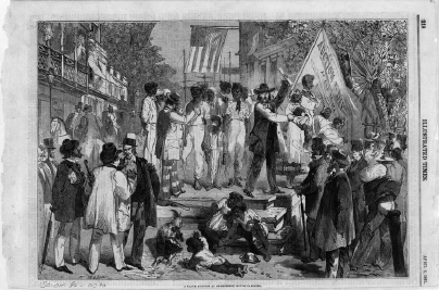 Enslaved people and auctioneer stand on stage behind onlookers.