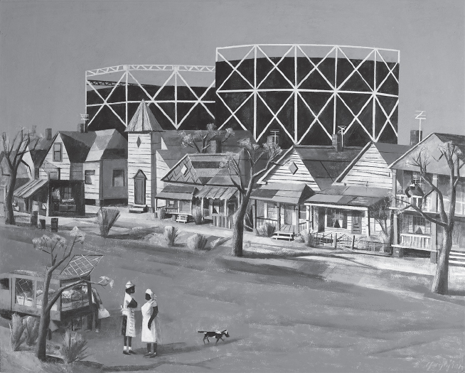 Painting of women on unpaved road in front of homes and gasometers.