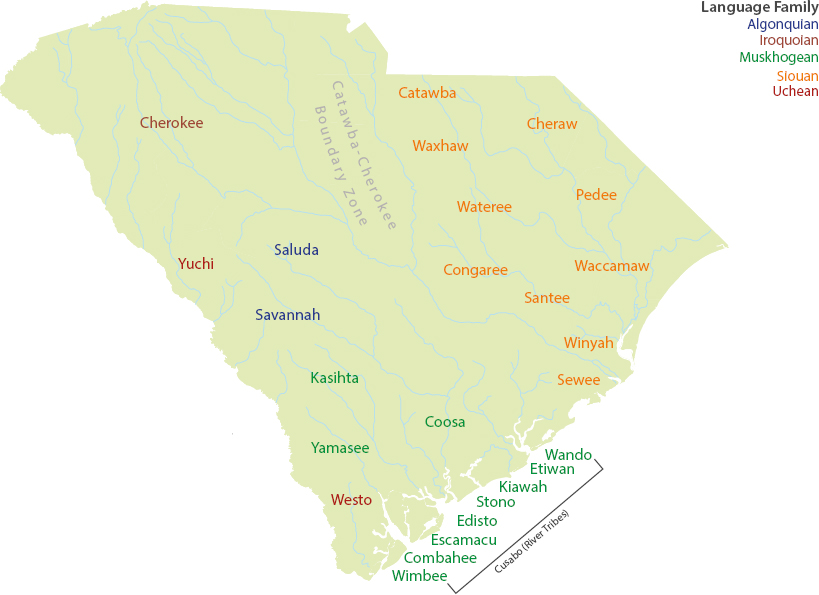 A map of South Carolina indicating tribe names, color coded by language families Algonquian, Iroquoian, Uchean, Muskhogean, Siouan.