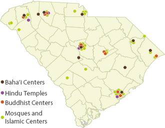 A map of South Carolina indicating the locations of Baha’i, Buddhist, and Islamic centers, Hindu temples, and mosques.