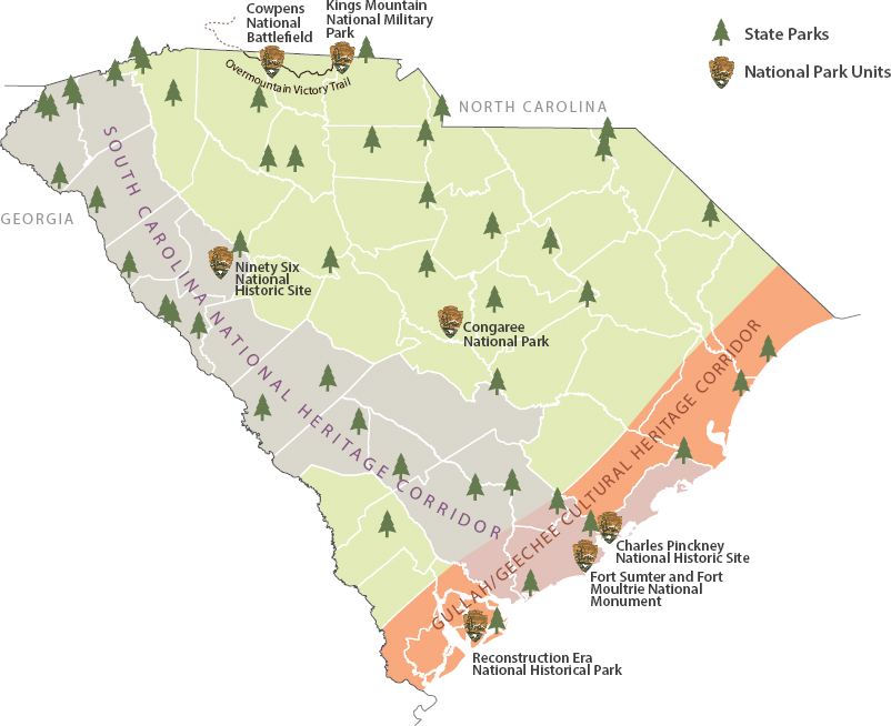 A map of South Carolina indicating the locations of State and National Parks.