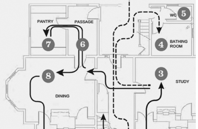 Back half of floor plan showing the study, bathroom, water closet, passage, pantry, and dining room. Arrows mark the tour path through the rooms.