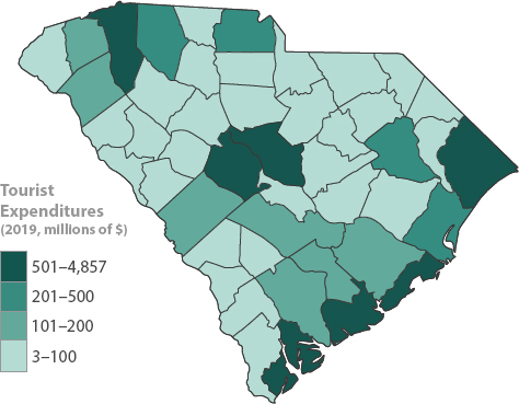 A map of South Carolina indicating 2019 tourist expenditures in millions of dollars from 3 to 4,857.