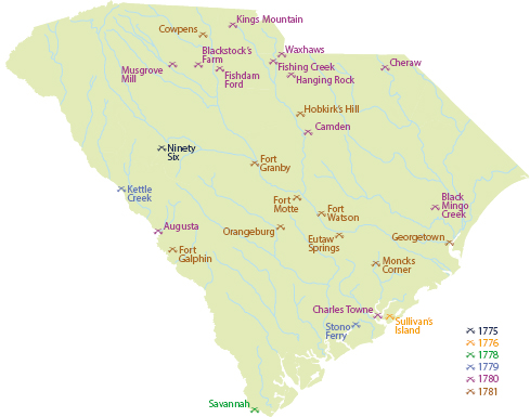 A map of South Carolina indicating the locations of Revolutionary War sites in the years 1775, 1776, 1778, 1779, 1780, 1781.